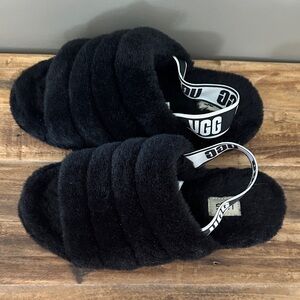 UGG Black Plush Slide Sandals with Logo Elastic Strap